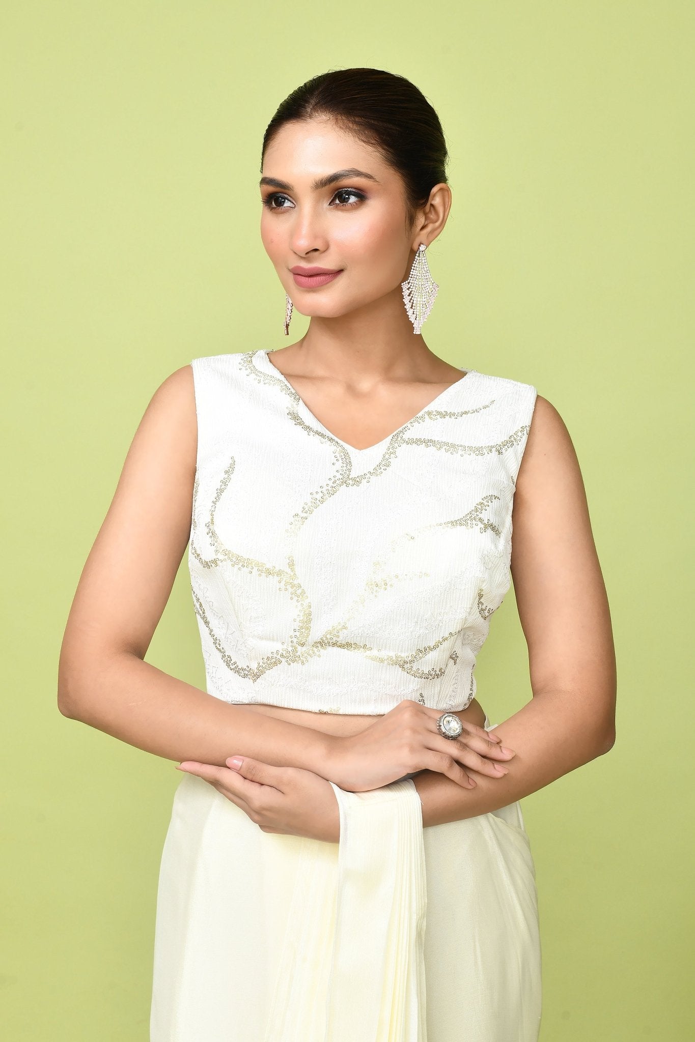 Designer Wear Off White Chinon Chiffon Drape Saree - Simaaya