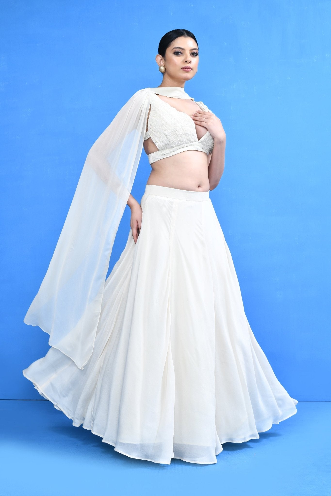 Designer Wear Off White Chinon Chiffon Lehenga Set - Simaaya
