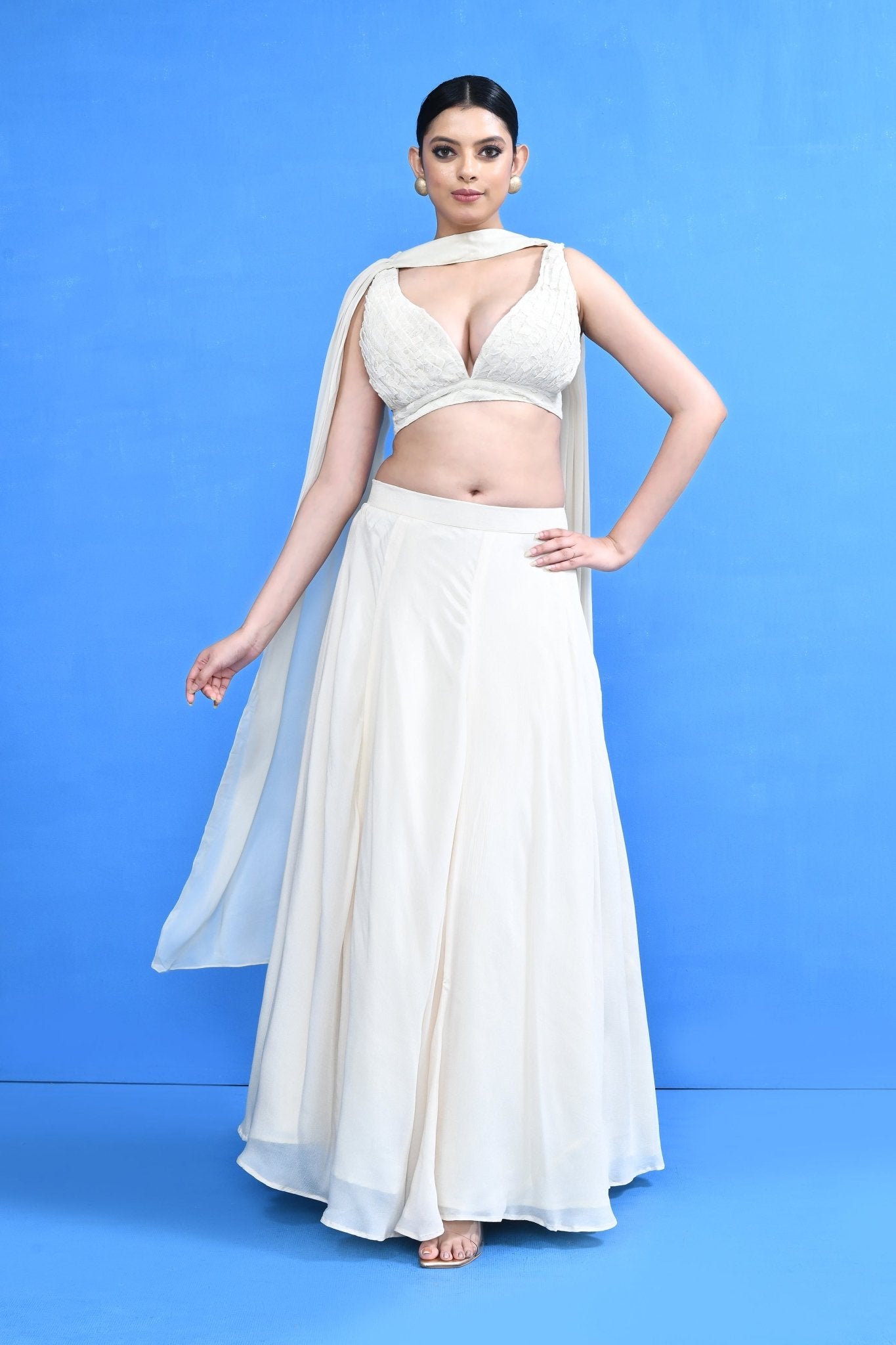 Designer Wear Off White Chinon Chiffon Lehenga Set - Simaaya