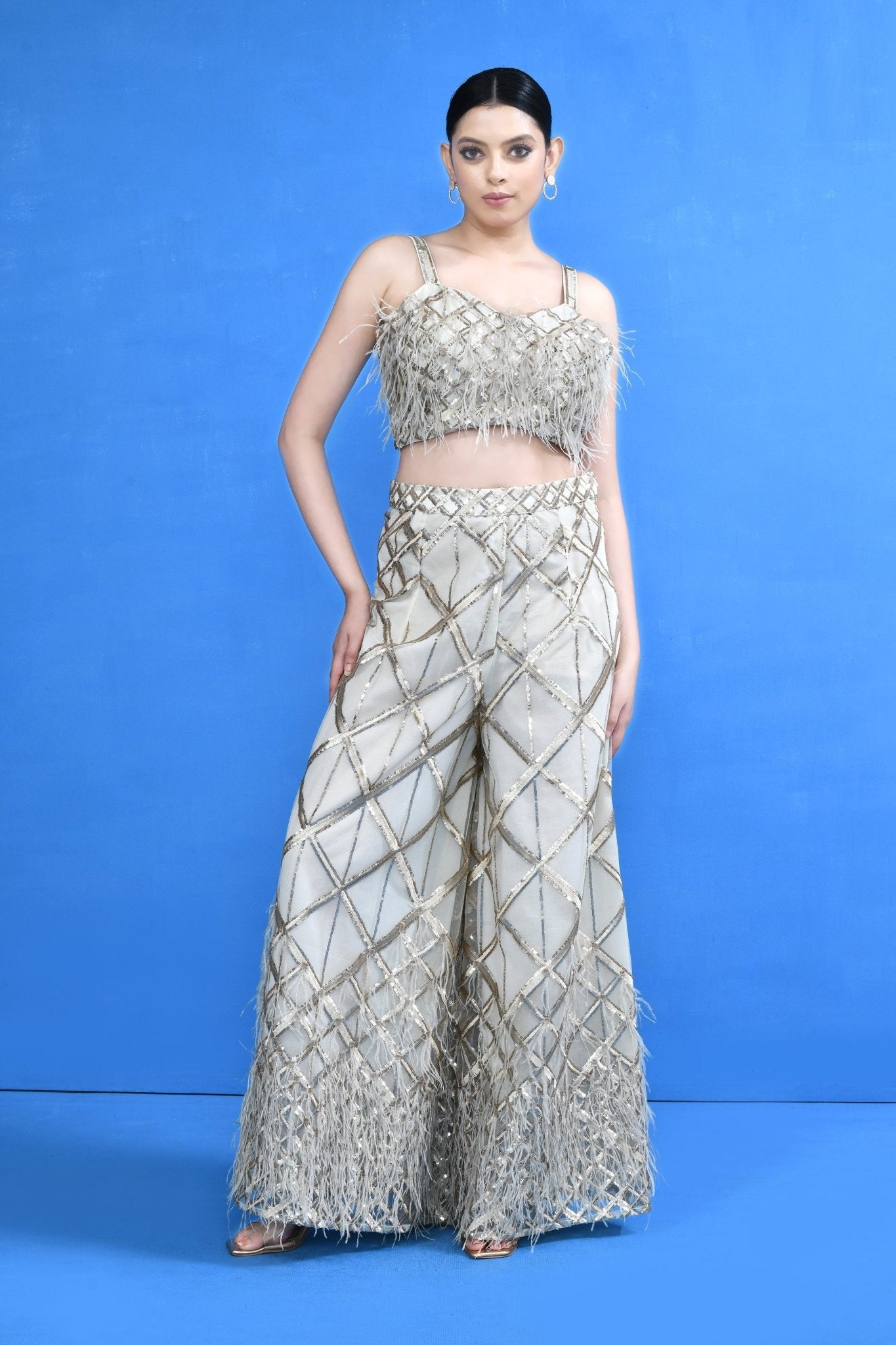 Designer Wear Off White Crop Top and Embellished Palazzo Set - Simaaya