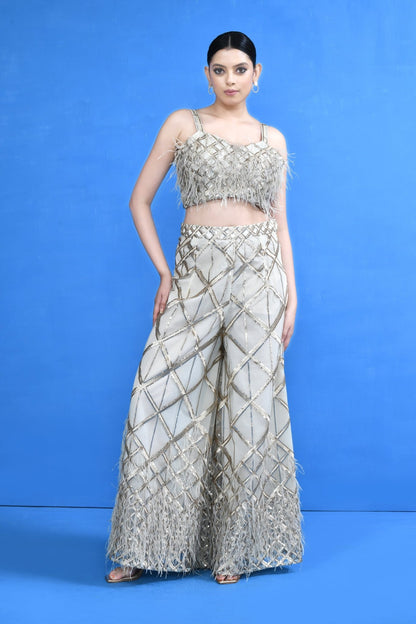 Designer Wear Off White Crop Top and Embellished Palazzo Set - Simaaya