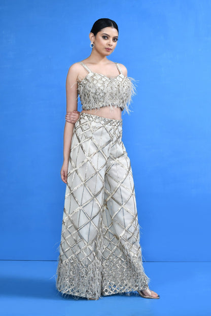 Designer Wear Off White Crop Top and Embellished Palazzo Set - Simaaya