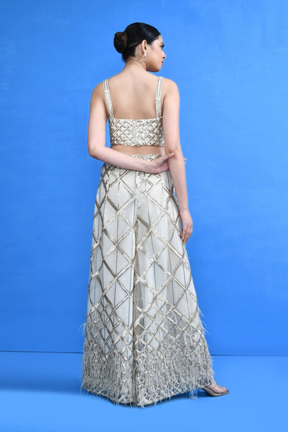 Designer Wear Off White Crop Top and Embellished Palazzo Set - Simaaya