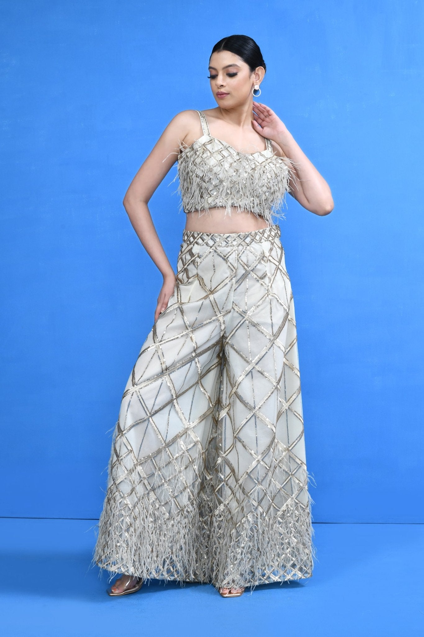 Designer Wear Off White Crop Top and Embellished Palazzo Set - Simaaya