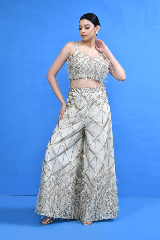 Designer Wear Off White Crop Top and Embellished Palazzo Set - Simaaya