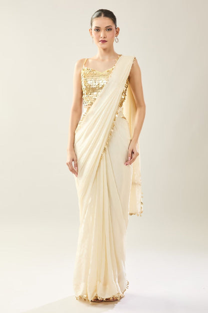 Designer Wear Off White Pre-Draped Saree Set - Simaaya