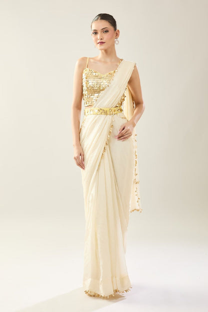 Designer Wear Off White Pre-Draped Saree Set - Simaaya