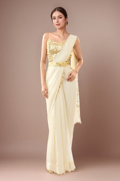 Designer Wear Off White Pre-Draped Saree Set - Simaaya