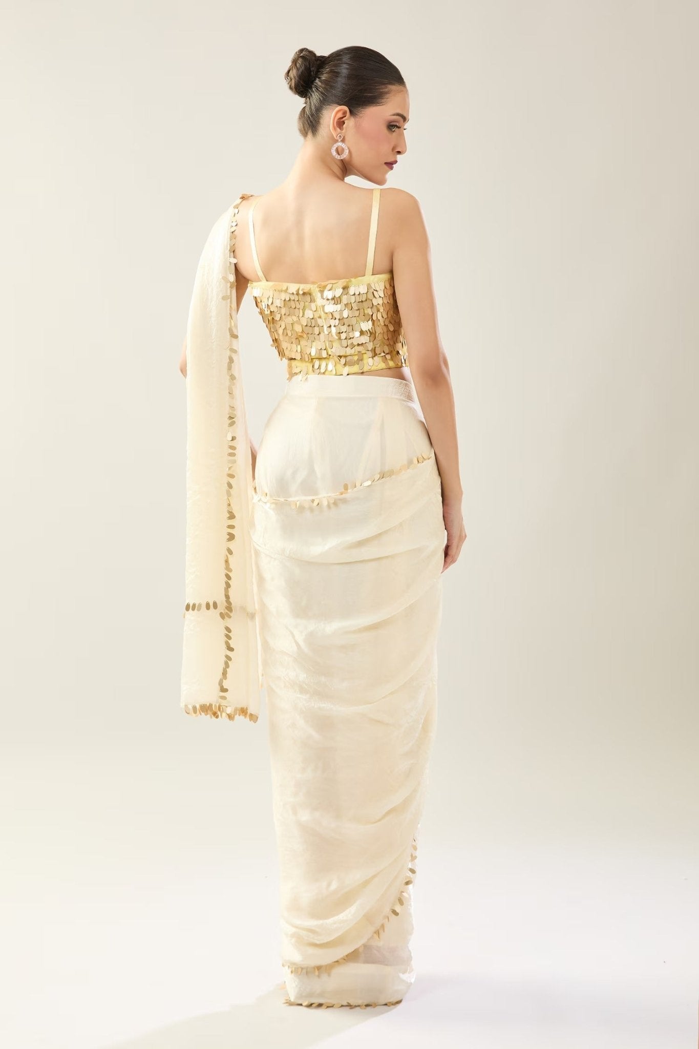 Designer Wear Off White Pre-Draped Saree Set - Simaaya