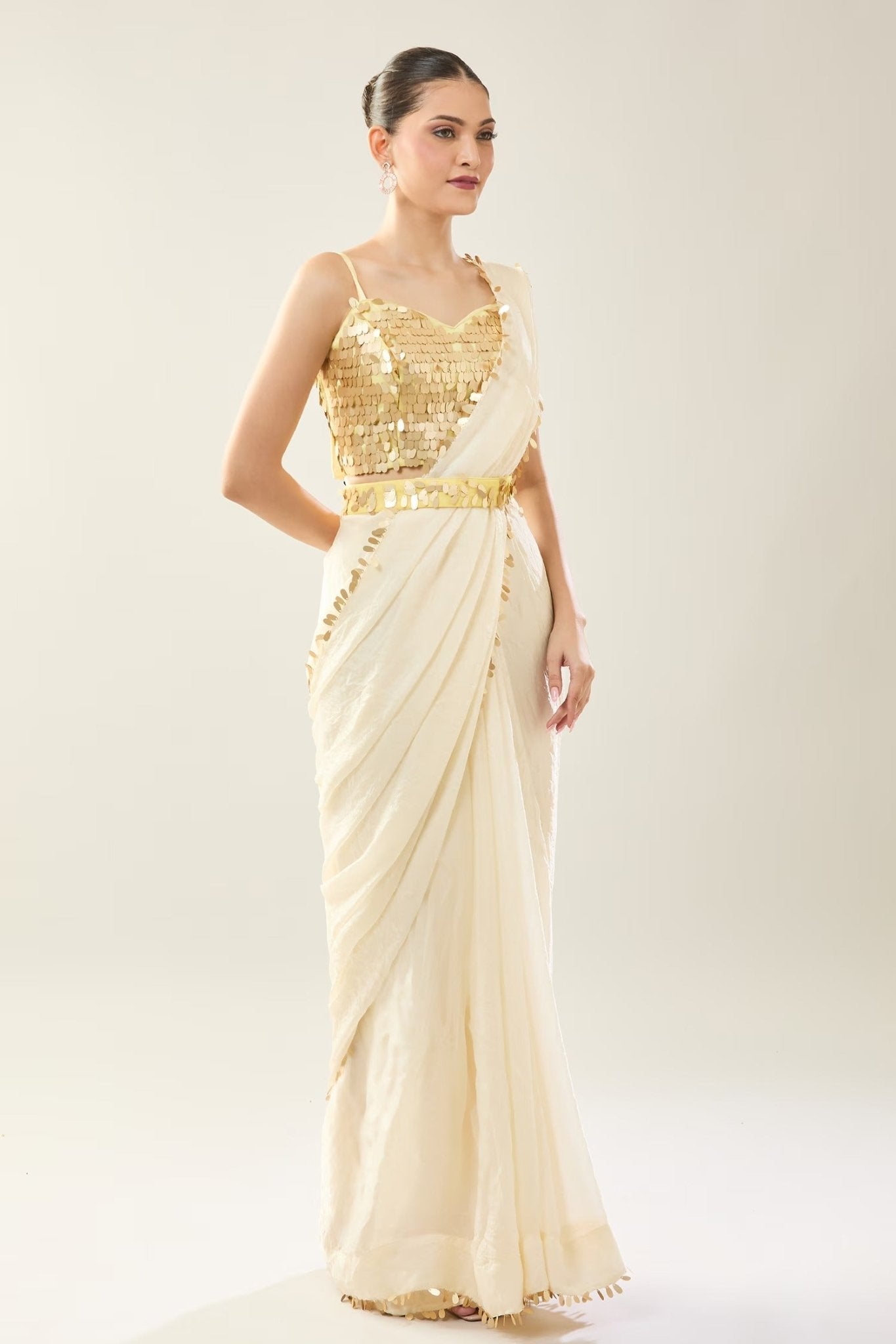 Designer Wear Off White Pre-Draped Saree Set - Simaaya
