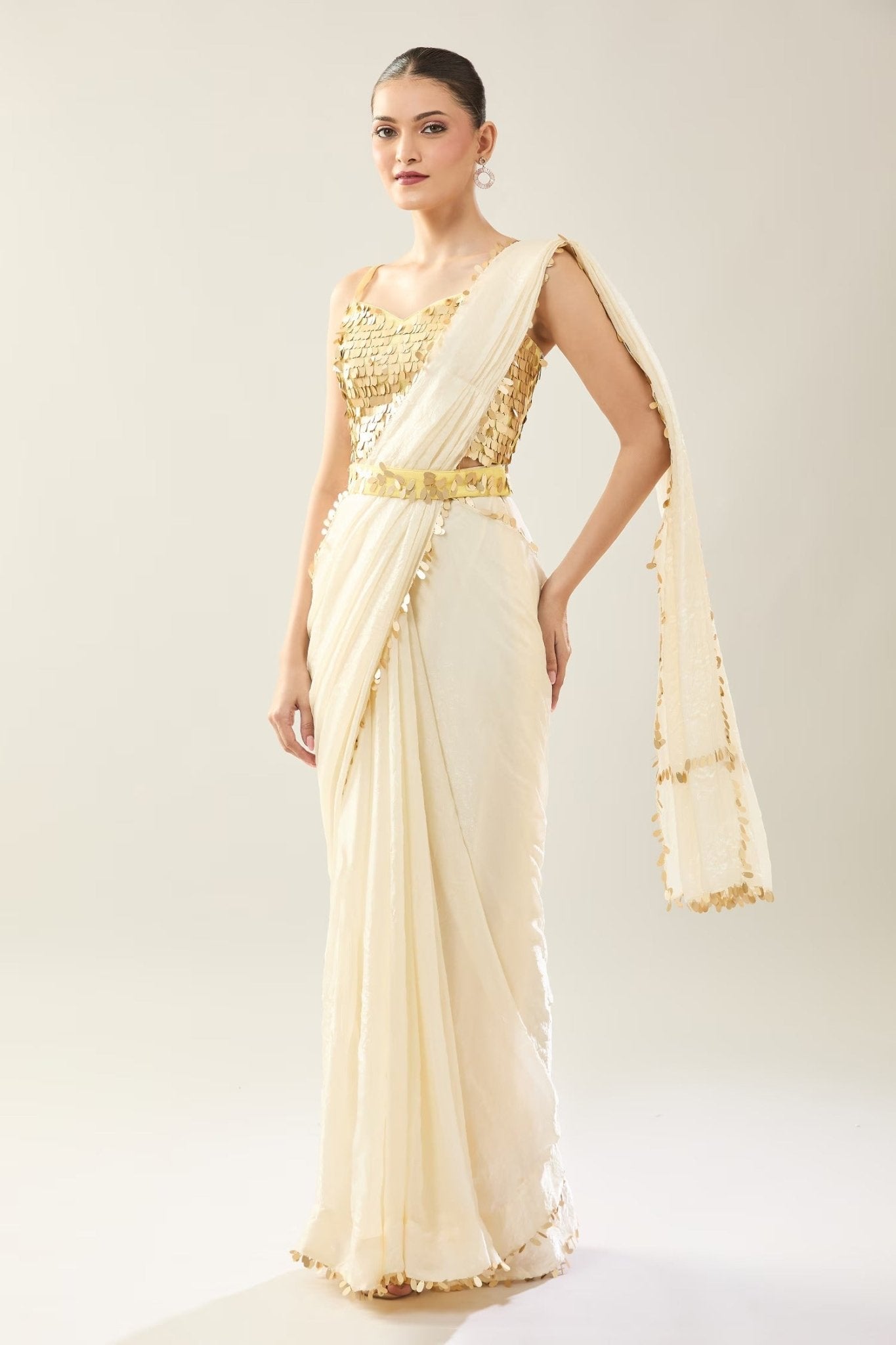 Designer Wear Off White Pre-Draped Saree Set - Simaaya