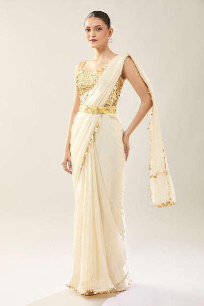 Designer Wear Off White Pre-Draped Saree Set - Simaaya