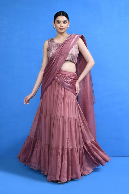 Designer Wear Onion Pink Drape Saree Set - Simaaya