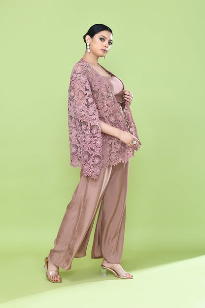 Designer Wear Pastel Pink Palazzo Set with an Embellished Jacket - Simaaya