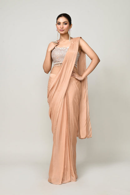 Designer Wear Peach Chinon Chiffon Drape Saree - Simaaya
