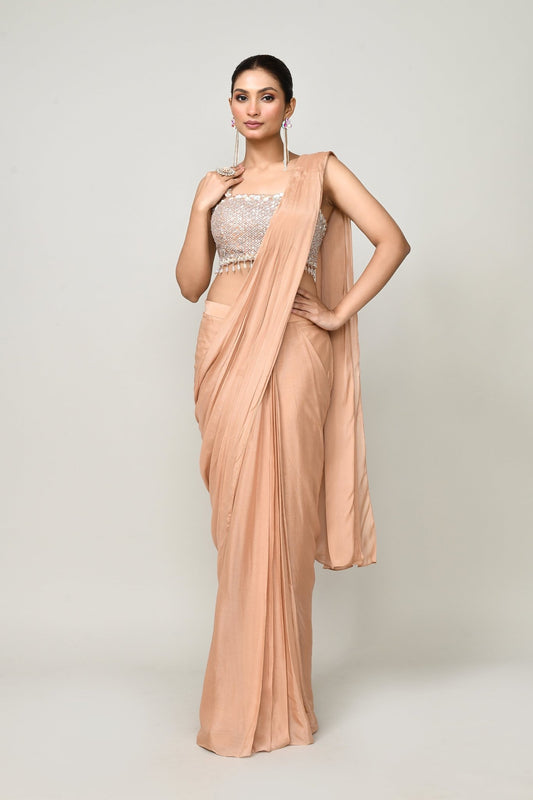 Designer Wear Peach Chinon Chiffon Drape Saree - Simaaya