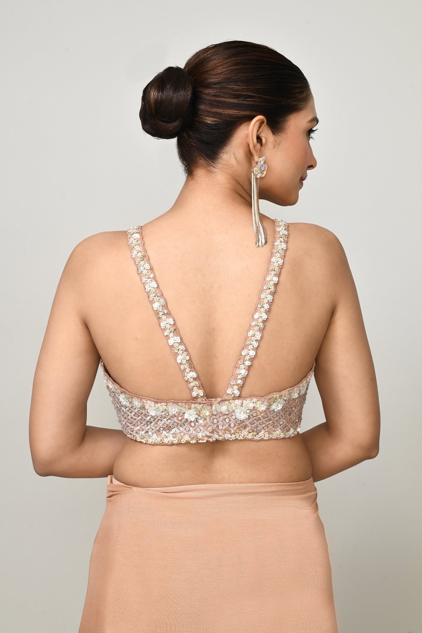 Designer Wear Peach Chinon Chiffon Drape Saree - Simaaya
