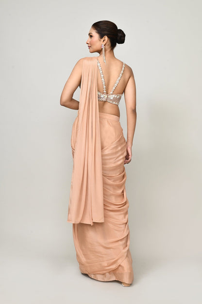 Designer Wear Peach Chinon Chiffon Drape Saree - Simaaya