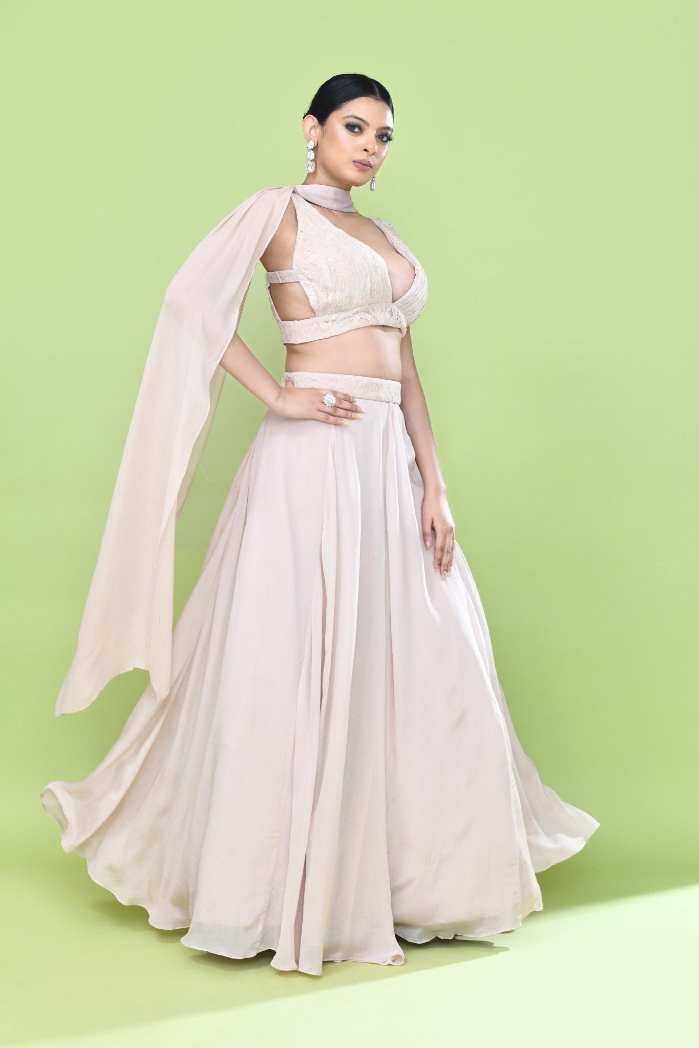 Designer Wear Peach Chinon Chiffon Lehenga Set - Simaaya