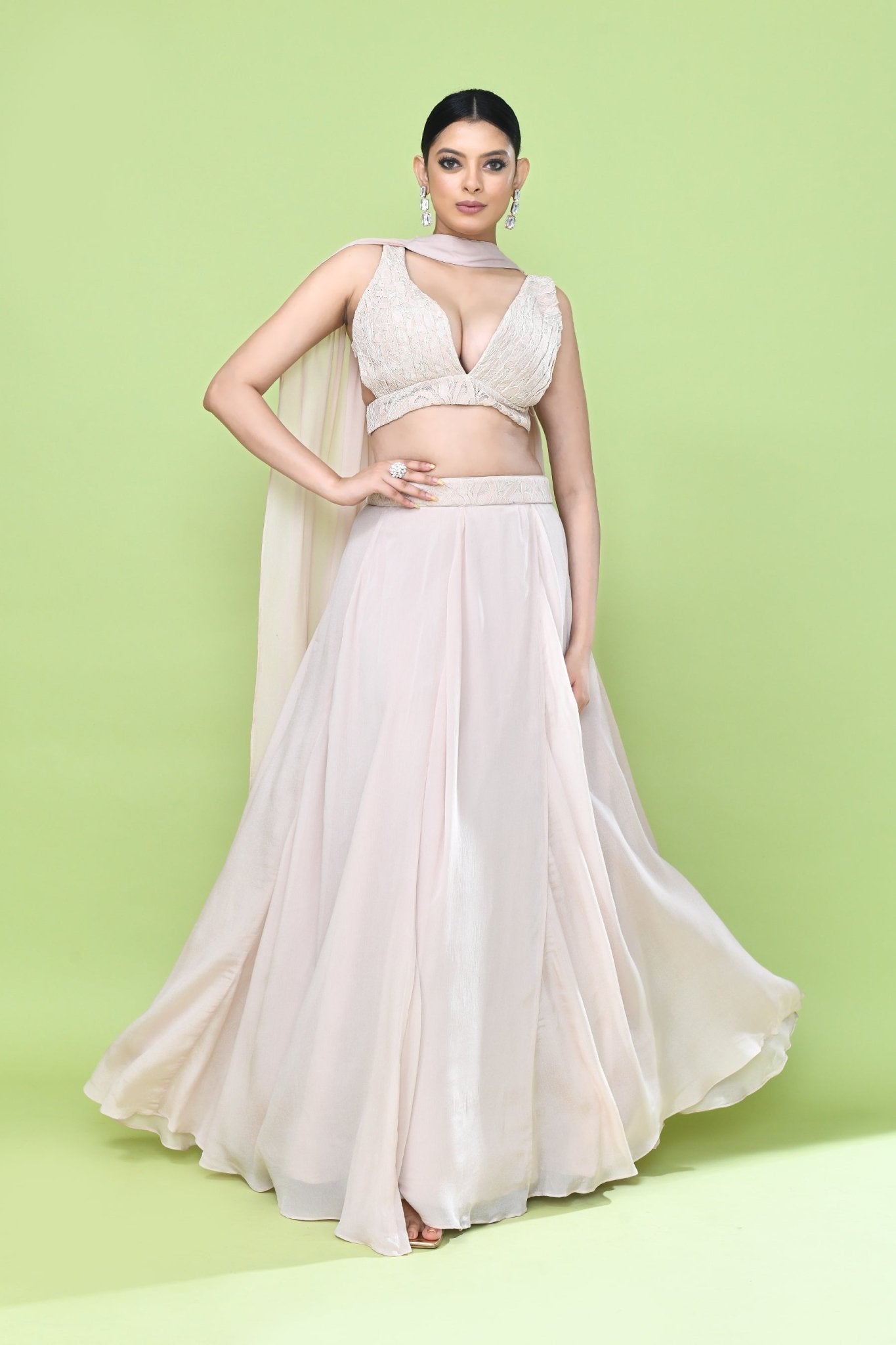 Designer Wear Peach Chinon Chiffon Lehenga Set - Simaaya