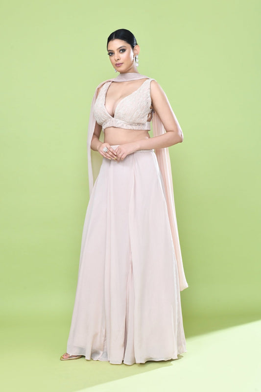 Designer Wear Peach Chinon Chiffon Lehenga Set - Simaaya