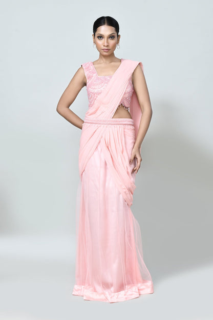 Designer Wear Peach Georgette Net Drape Saree - Simaaya