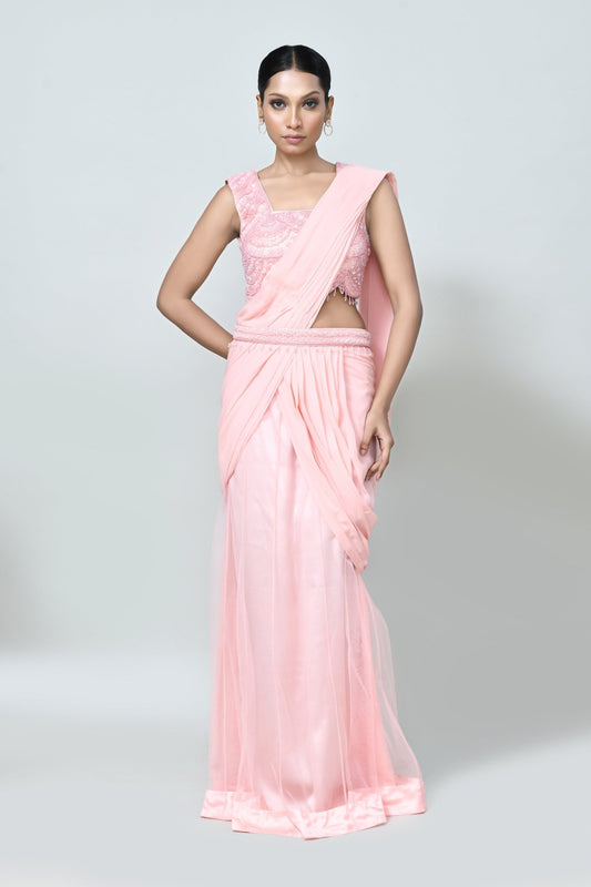 Designer Wear Peach Georgette Net Drape Saree - Simaaya