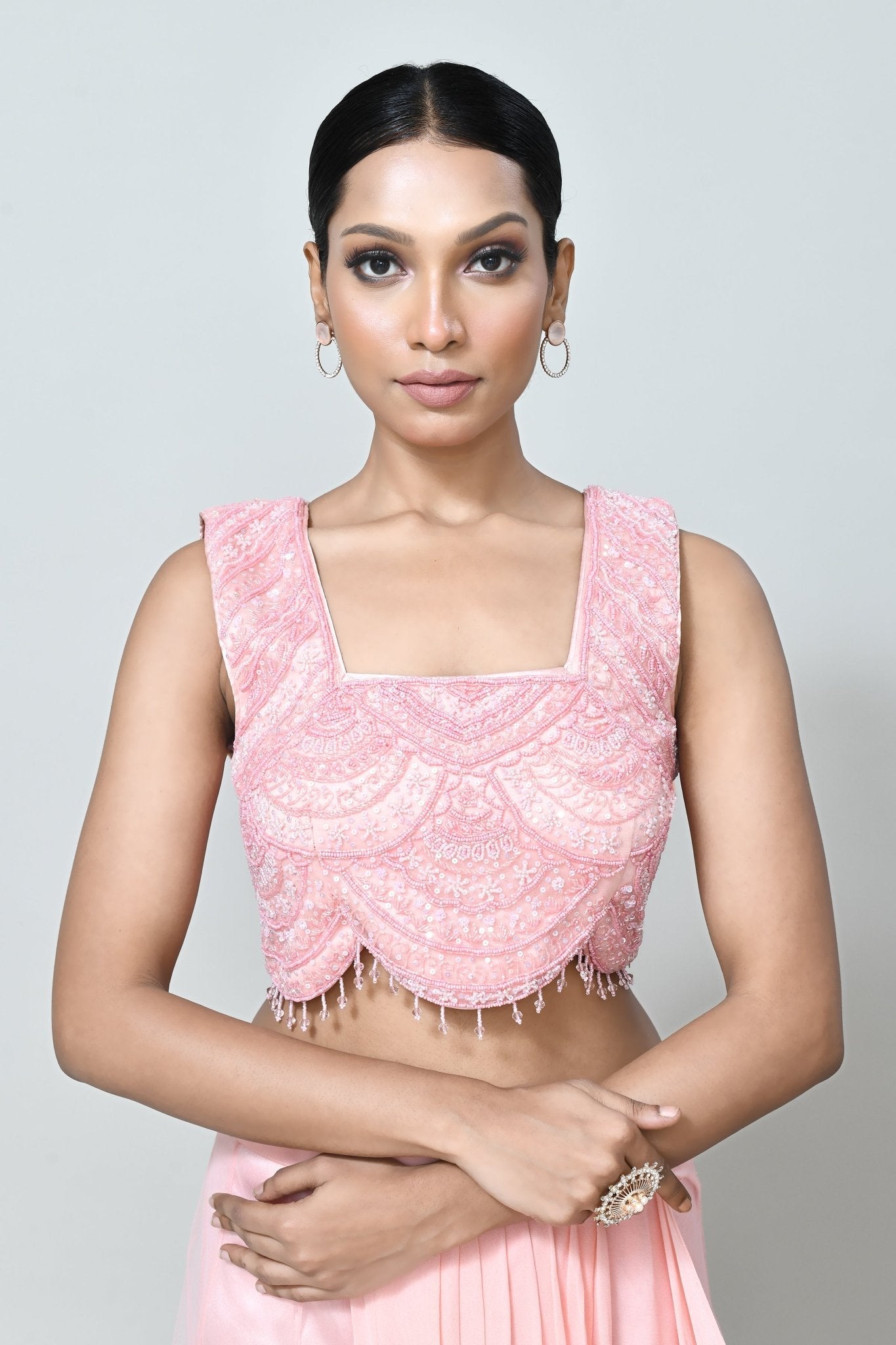 Designer Wear Peach Georgette Net Drape Saree - Simaaya