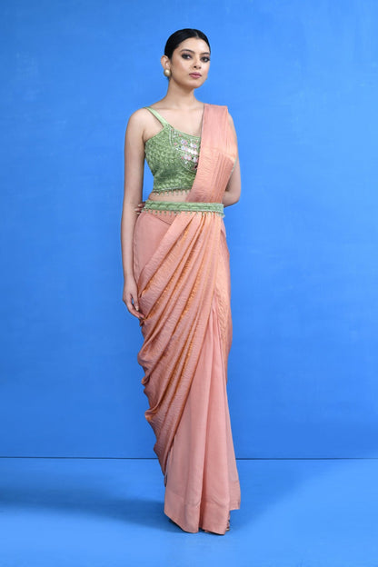 Designer Wear Peach Nova Silk & Chinon Chiffon Drape Saree - Simaaya
