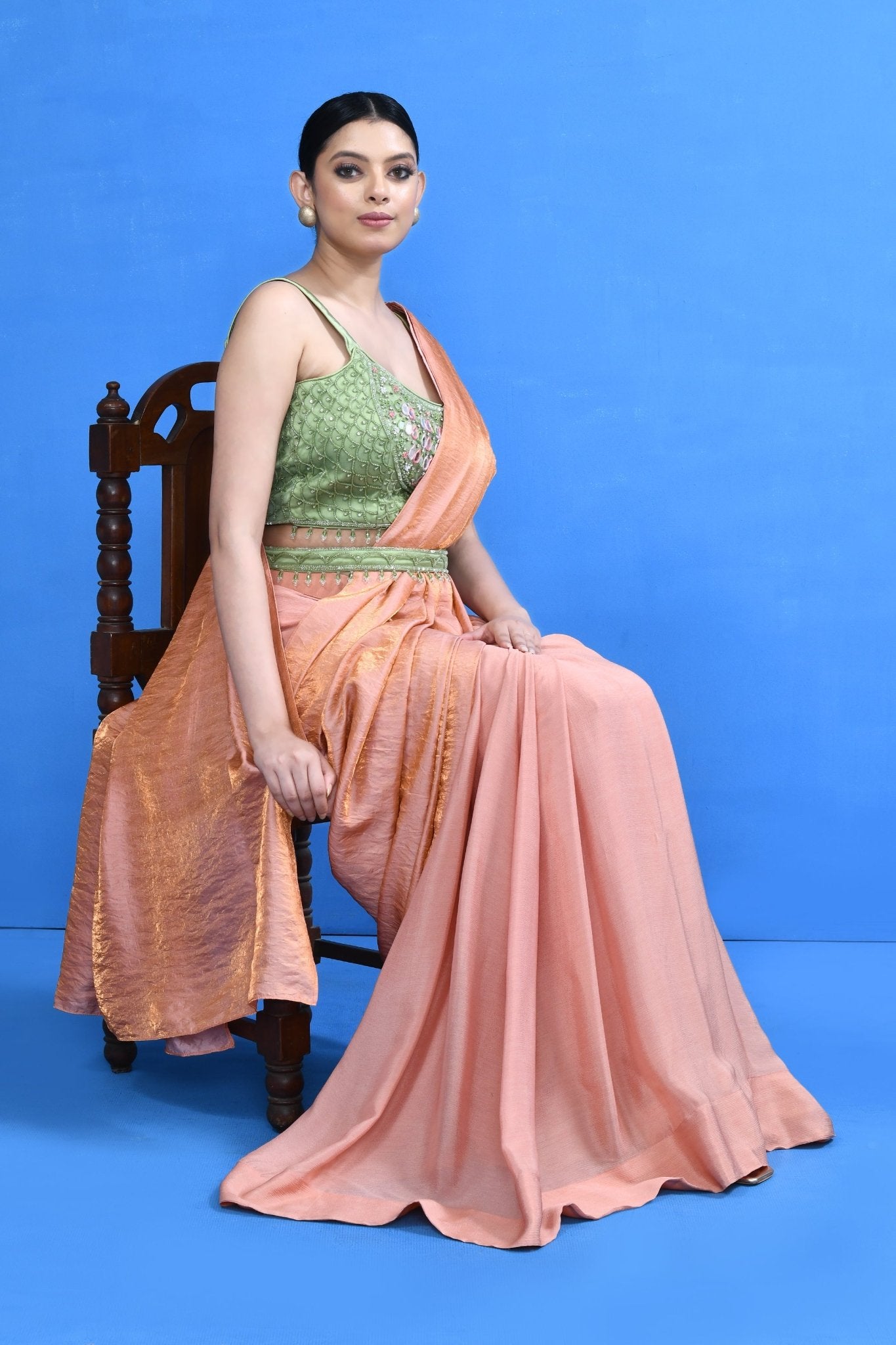 Designer Wear Peach Nova Silk & Chinon Chiffon Drape Saree - Simaaya