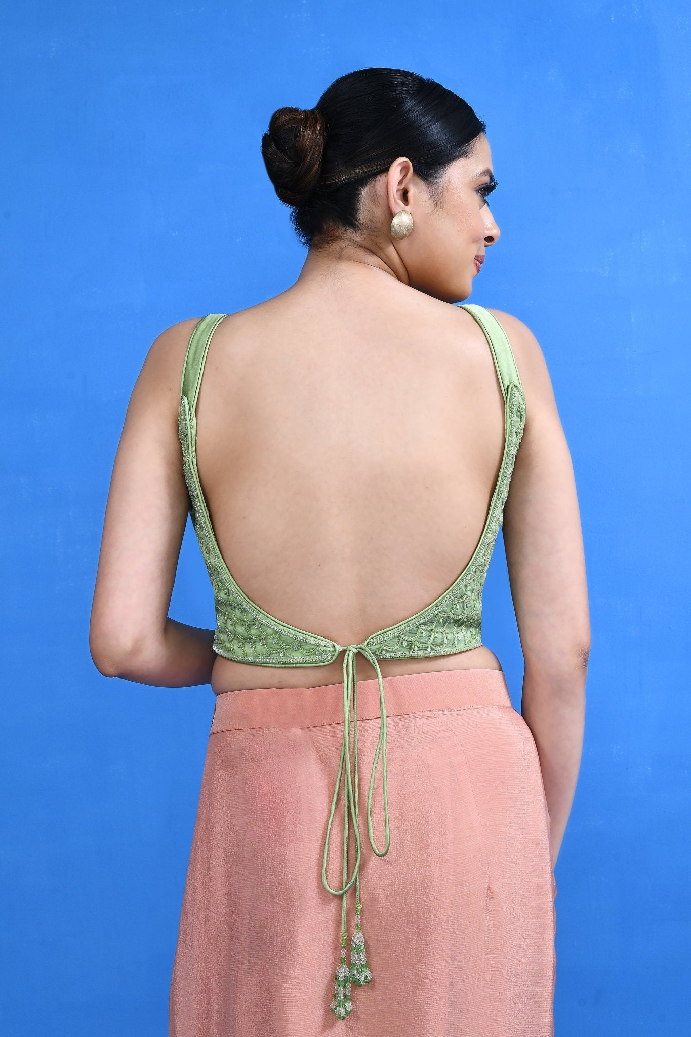 Designer Wear Peach Nova Silk & Chinon Chiffon Drape Saree - Simaaya