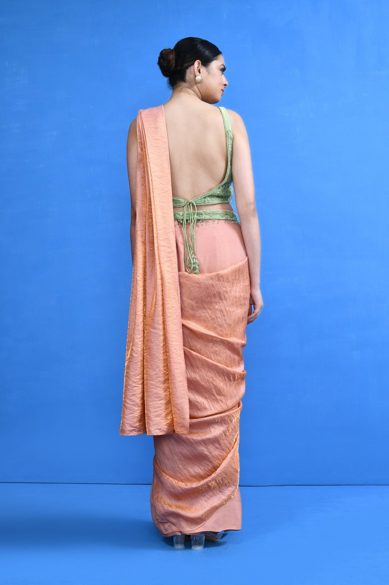 Designer Wear Peach Nova Silk & Chinon Chiffon Drape Saree - Simaaya