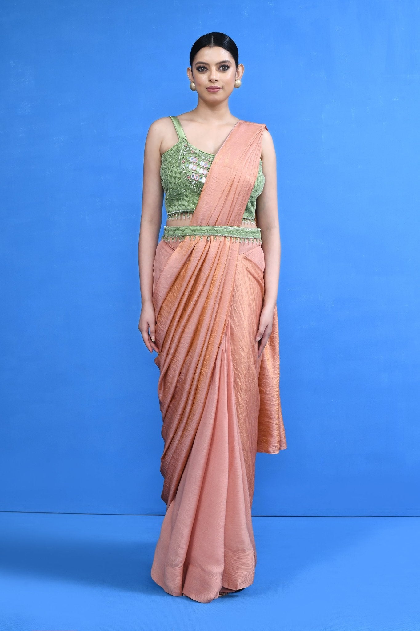 Designer Wear Peach Nova Silk & Chinon Chiffon Drape Saree - Simaaya