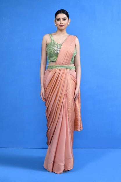 Designer Wear Peach Nova Silk & Chinon Chiffon Drape Saree - Simaaya