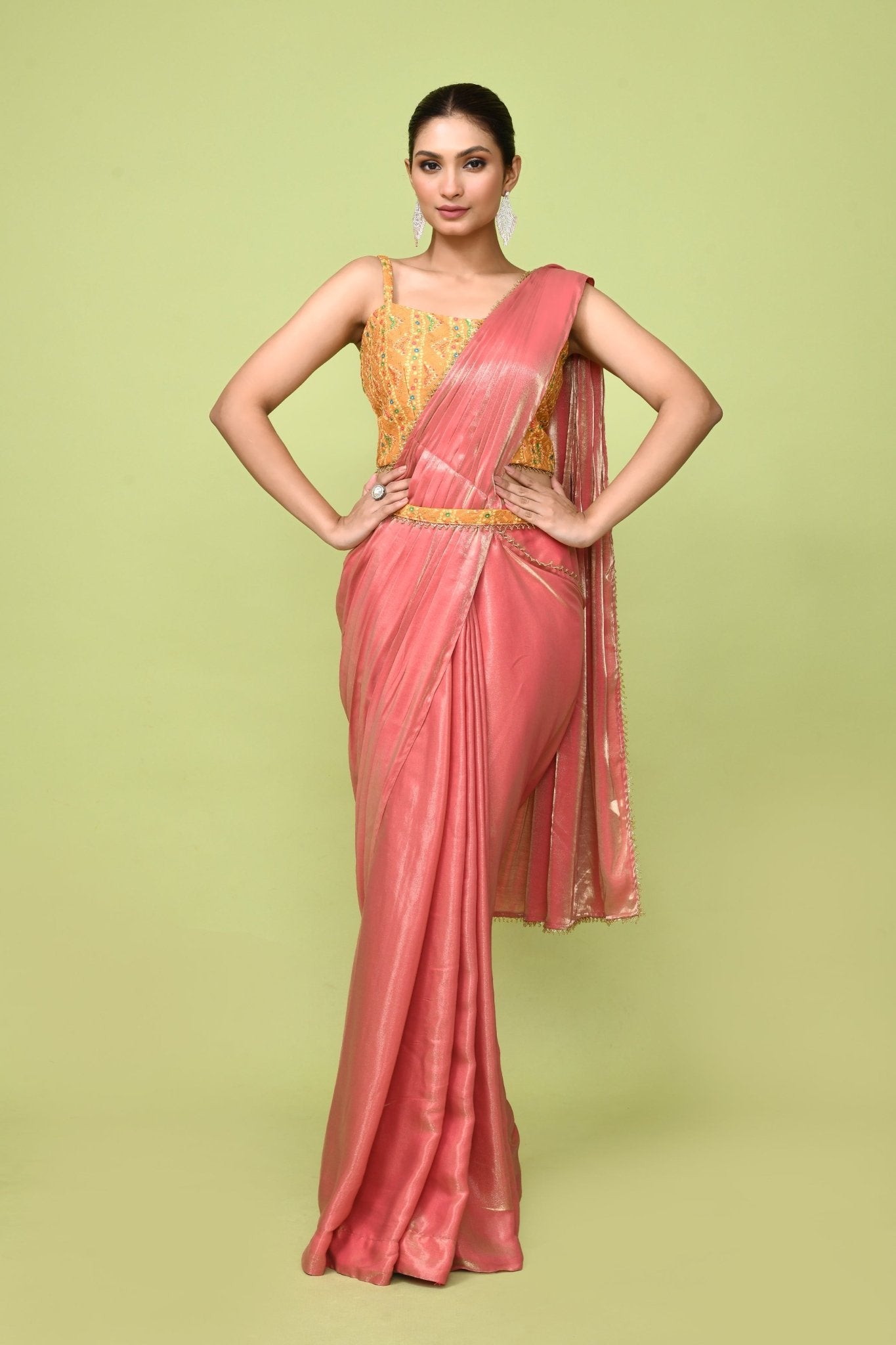 Designer Wear Peach Simmer Drape Saree - Simaaya