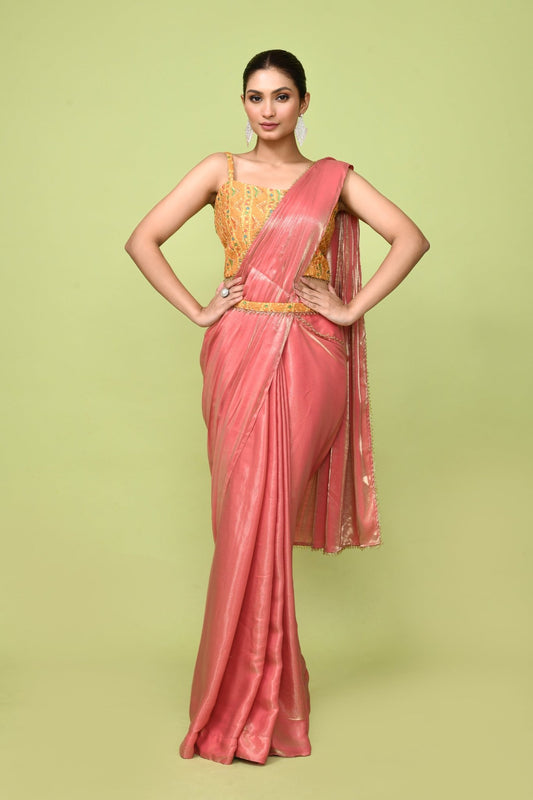 Designer Wear Peach Simmer Drape Saree - Simaaya