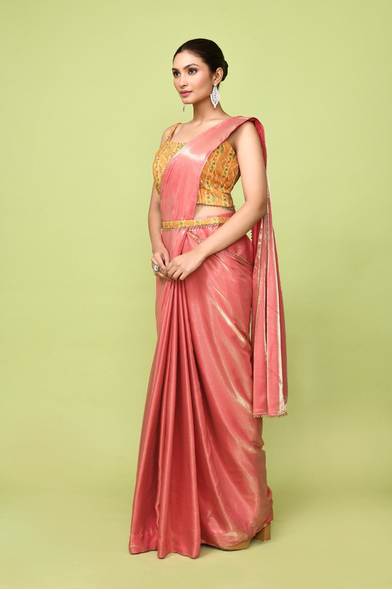 Designer Wear Peach Simmer Drape Saree - Simaaya