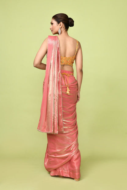 Designer Wear Peach Simmer Drape Saree - Simaaya