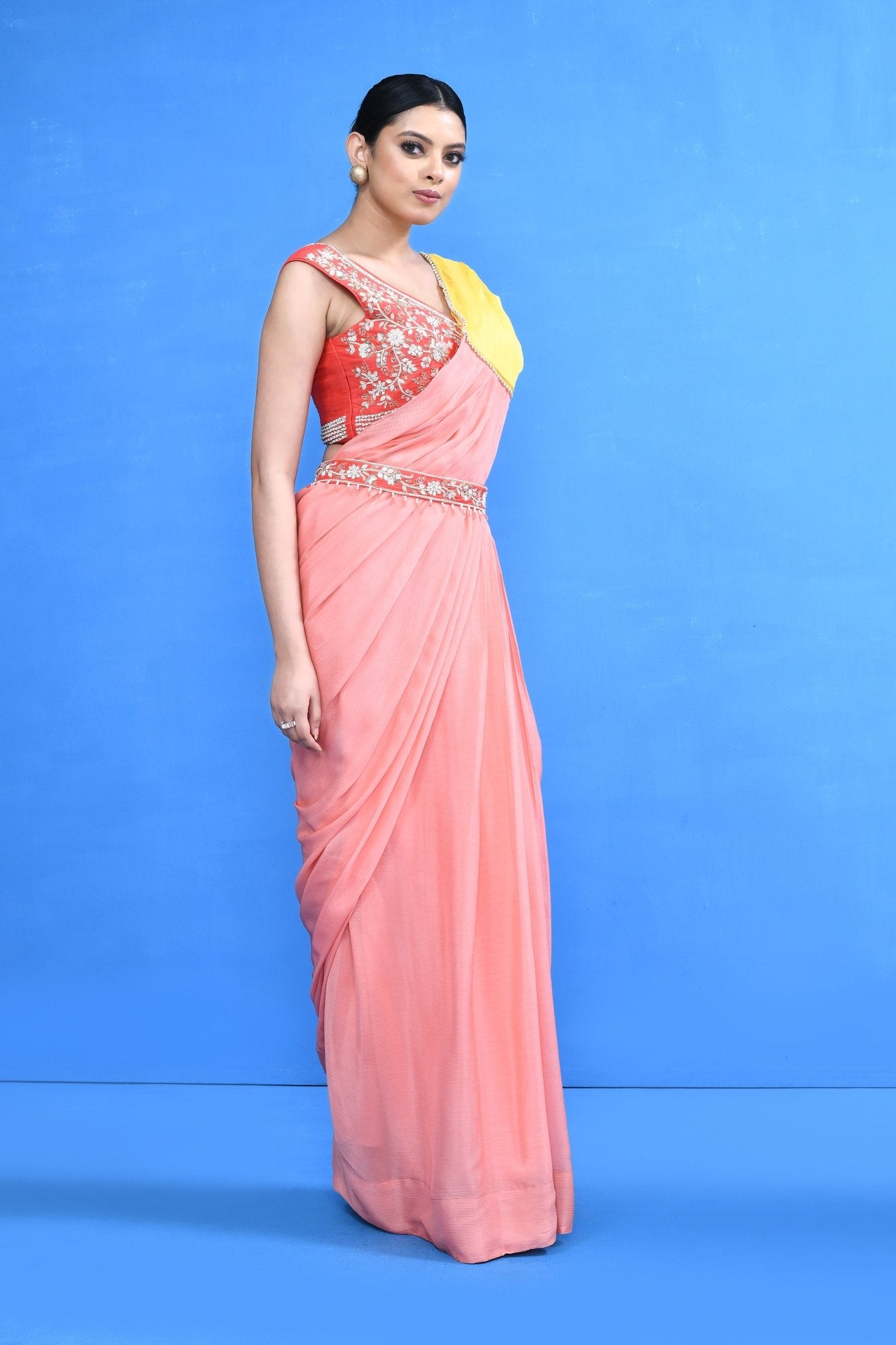 Designer Wear Pink and Yellow Drape Saree - Simaaya