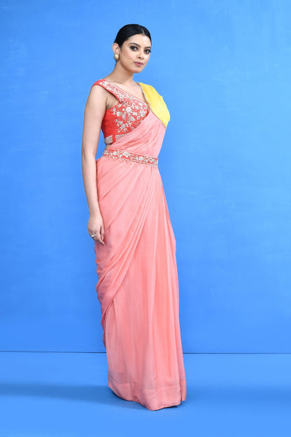 Designer Wear Pink and Yellow Drape Saree - Simaaya