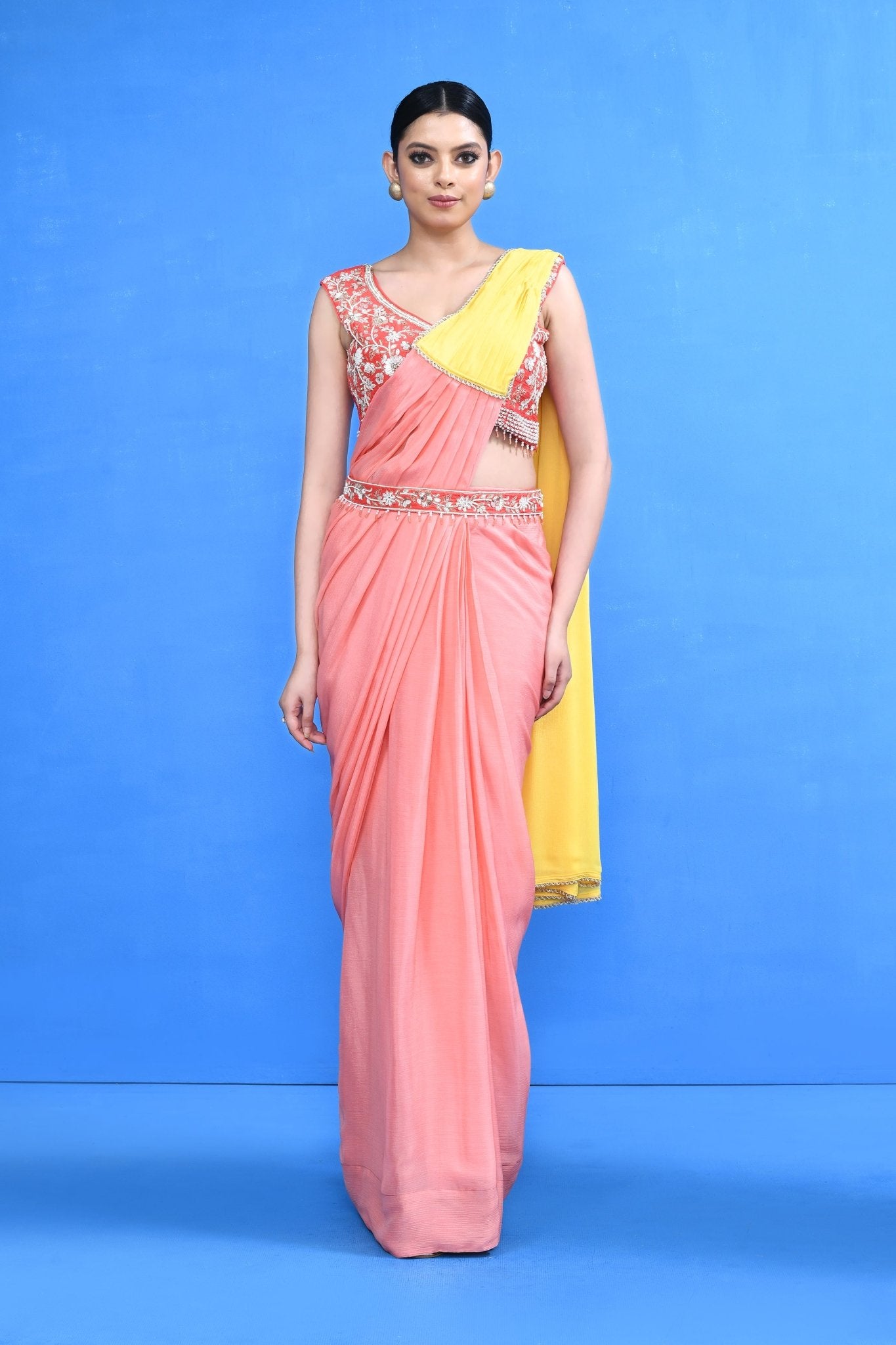 Designer Wear Pink and Yellow Drape Saree - Simaaya