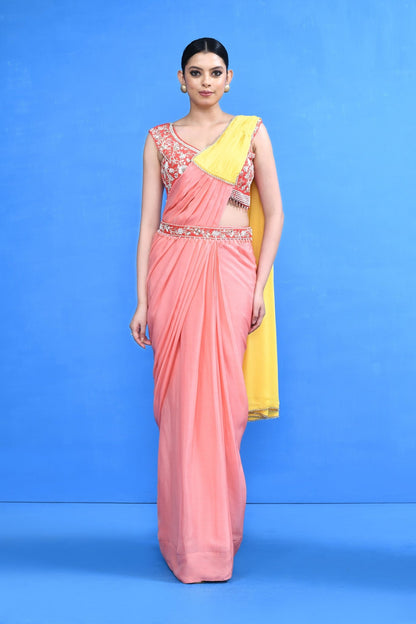 Designer Wear Pink and Yellow Drape Saree - Simaaya