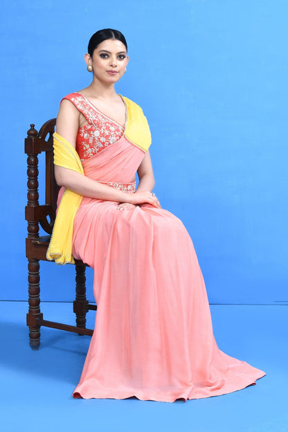 Designer Wear Pink and Yellow Drape Saree - Simaaya