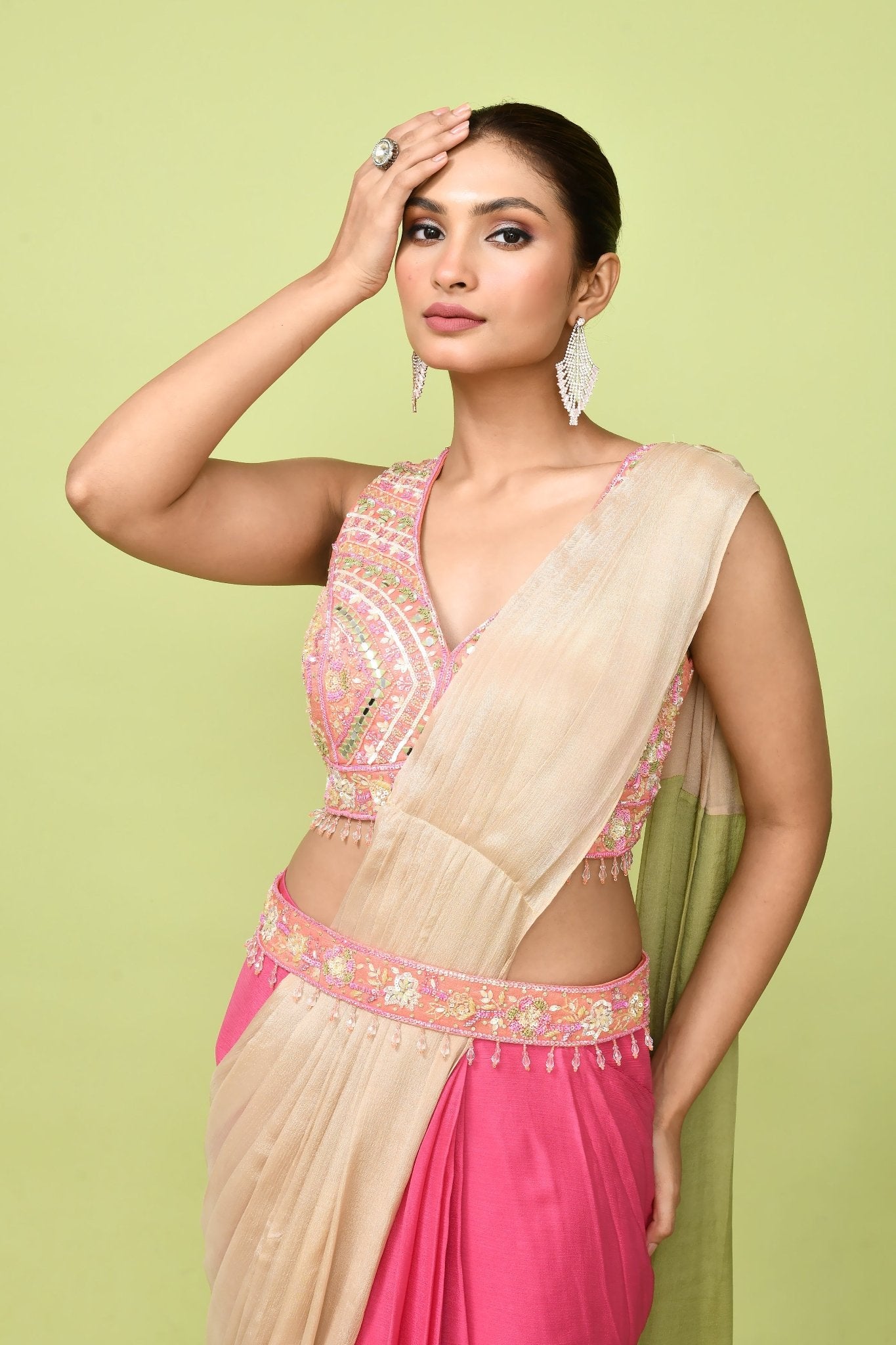 Designer Wear Pink & Beige Chinon Chiffon Drape Saree - Simaaya