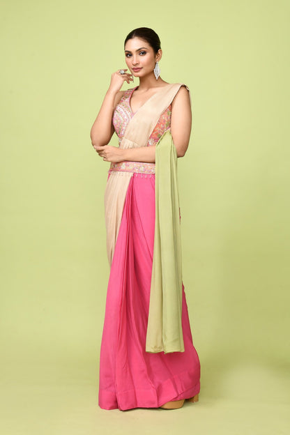 Designer Wear Pink & Beige Chinon Chiffon Drape Saree - Simaaya