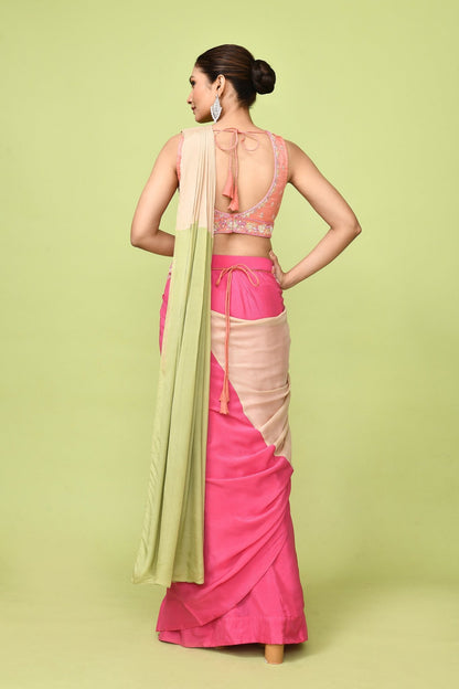 Designer Wear Pink & Beige Chinon Chiffon Drape Saree - Simaaya