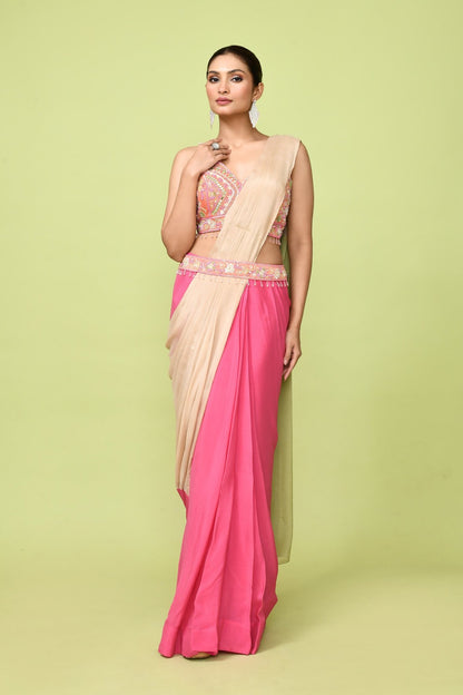 Designer Wear Pink & Beige Chinon Chiffon Drape Saree - Simaaya