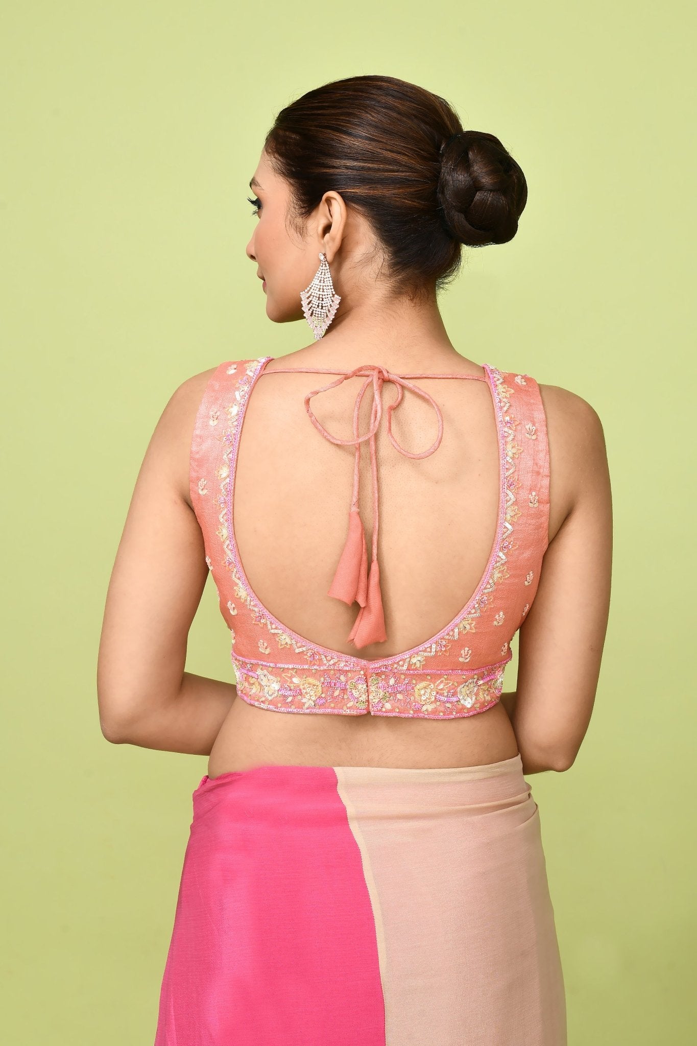 Designer Wear Pink & Beige Chinon Chiffon Drape Saree - Simaaya
