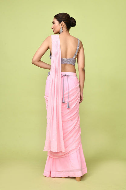 Designer Wear Pink Chinon Chiffon Drape Saree - Simaaya