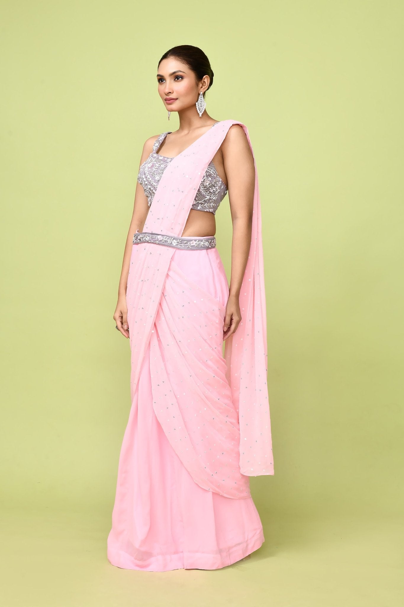 Designer Wear Pink Chinon Chiffon Drape Saree - Simaaya